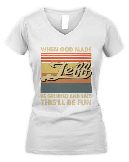 When God Made Your Name He Grinned Vintage T-Shirt JEFF M1-55 / Women's V-Neck T-Shirt / white