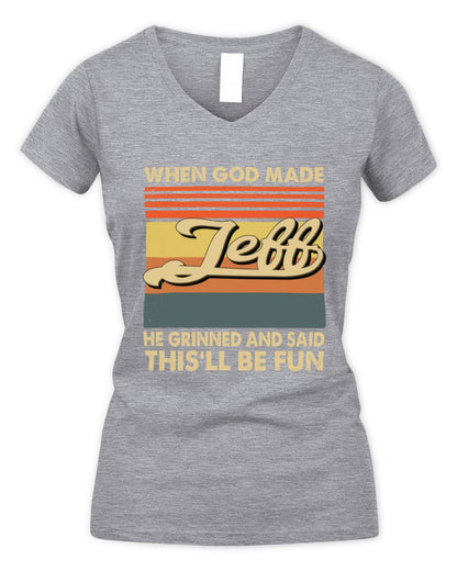 When God Made Your Name He Grinned Vintage T-Shirt JEFF M1-55 / Women's V-Neck T-Shirt / sport grey