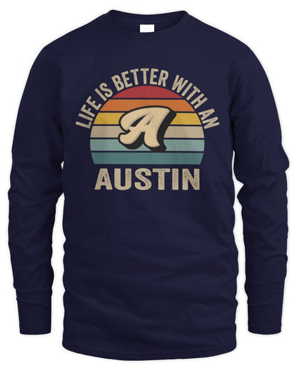 Life Is Better with Name Vintage Sun Shirt AUSTIN M1-50 / Men's Long Sleeved T-Shirt / navy