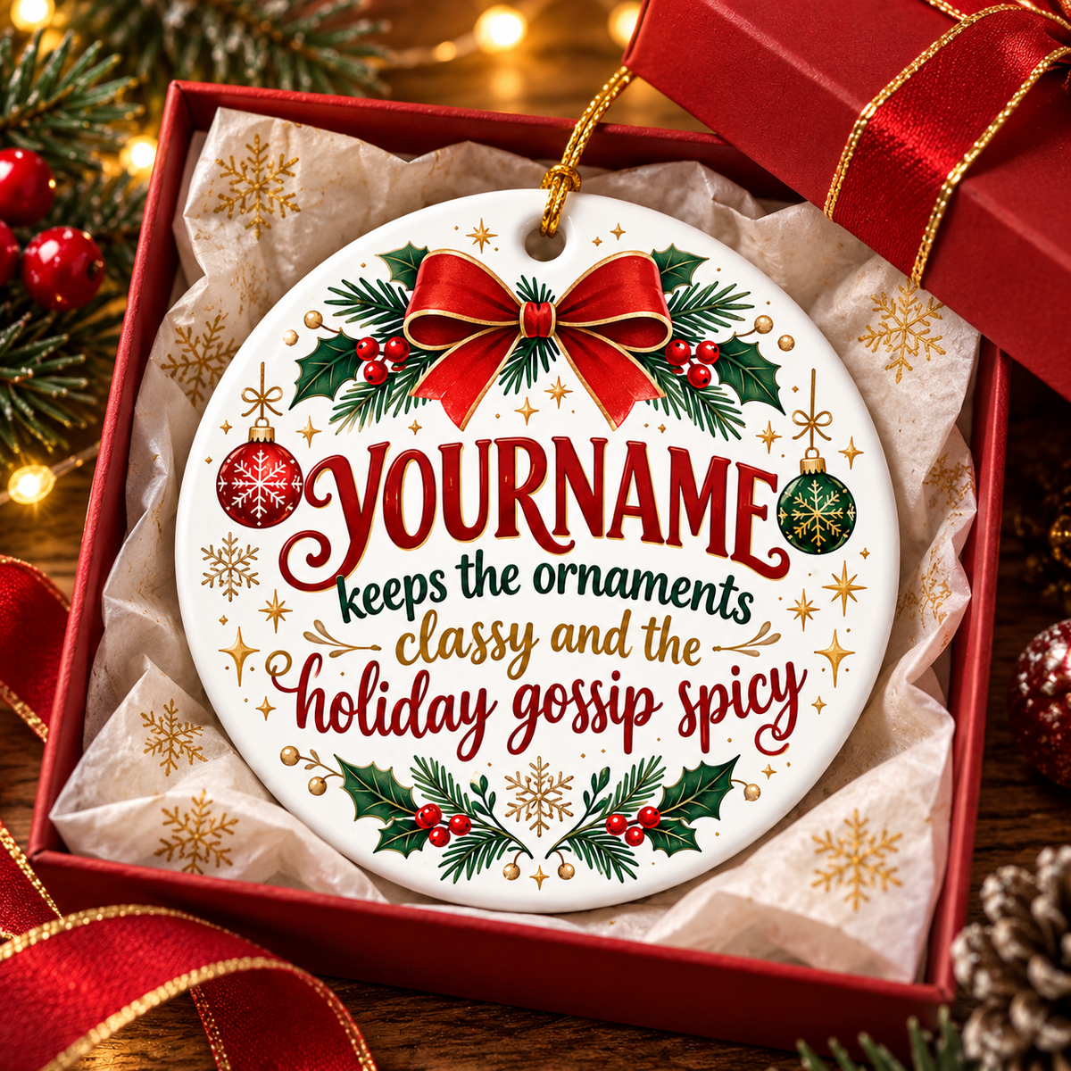 Keeps The Ornaments Classy And The Holiday Gossip Spicy - Personalized Ceramic Ornament