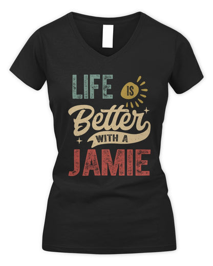 Life Is Better With a Name Personalized Retro T-Shirt JAMIE-48 / Women's V-Neck T-Shirt / black