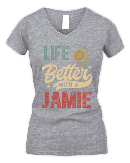 Life Is Better With a Name Personalized Retro T-Shirt JAMIE-48 / Women's V-Neck T-Shirt / sport grey