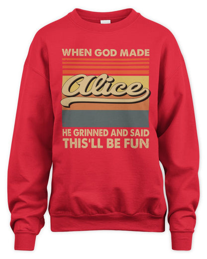 When God Made Your Name He Grinned Vintage T-Shirt ALICE M1-55 / Unisex Sweatshirt / red