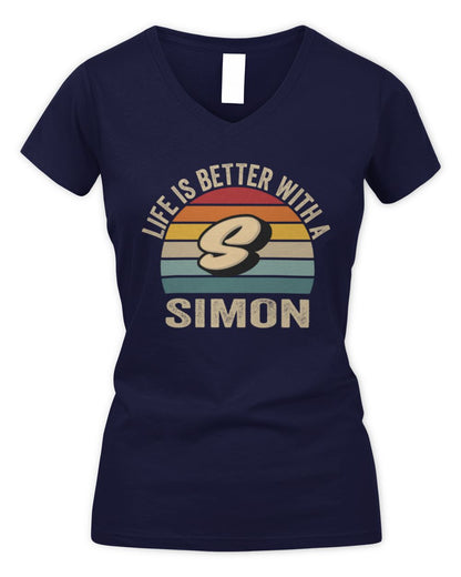 Life Is Better with Name Vintage Sun Shirt SIMON M1-50 / Women's V-Neck T-Shirt / navy