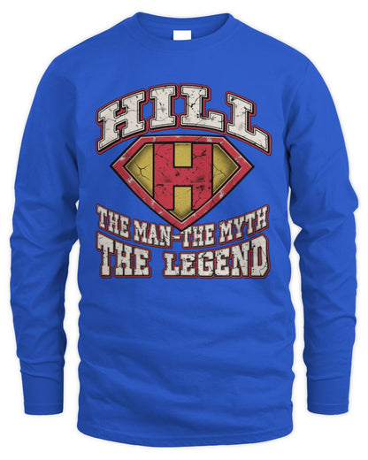 The Man The Myth The Legend Superman Graphic T-Shirt HILL M1-74 / Men's Long Sleeved T-Shirt / royal