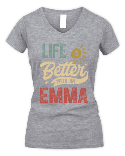 Life Is Better With a Name Personalized Retro T-Shirt EMMA-48 / Women's V-Neck T-Shirt / sport grey