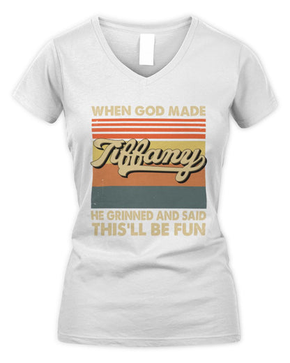 When God Made Your Name He Grinned Vintage T-Shirt TIFFANY M1-55 / Women's V-Neck T-Shirt / white