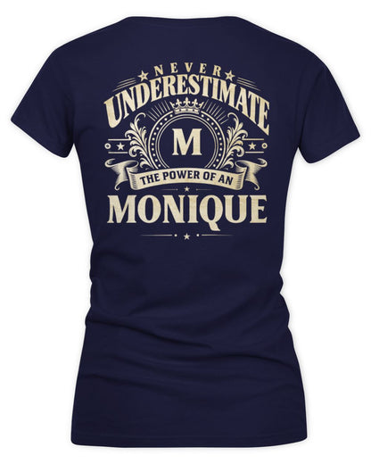 Never Underestimate Your Name Luxury Logo Shirt MONIQUE M1-63 / Women's V-Neck T-Shirt / navy