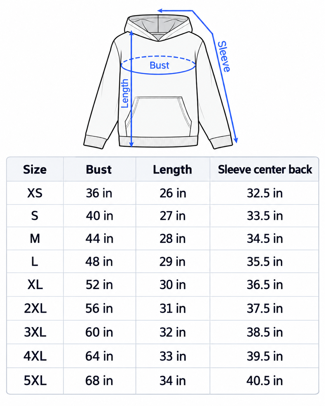 Unisex Hoodie size chart