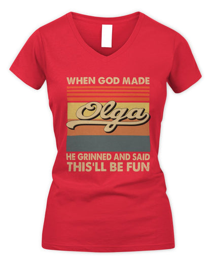 When God Made Your Name He Grinned Vintage T-Shirt OLGA M1-55 / Women's V-Neck T-Shirt / red