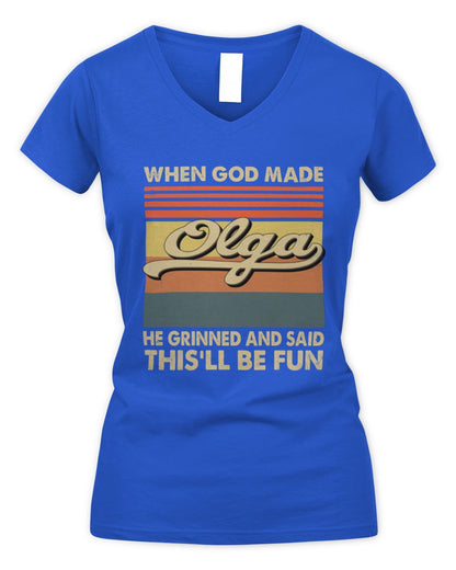 When God Made Your Name He Grinned Vintage T-Shirt OLGA M1-55 / Women's V-Neck T-Shirt / royal