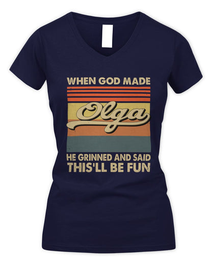 When God Made Your Name He Grinned Vintage T-Shirt OLGA M1-55 / Women's V-Neck T-Shirt / navy