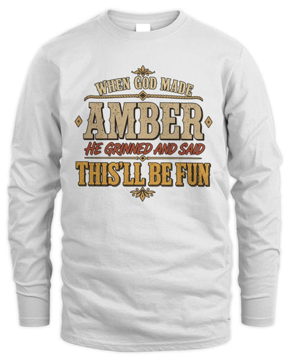 When God Made Your Name Funny Western T-Shirt AMBER M1-81 / Men's Long Sleeved T-Shirt / white