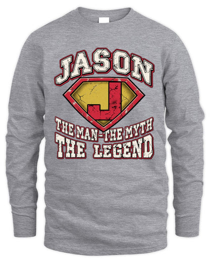 The Man The Myth The Legend Superman Graphic T-Shirt JASON M1-74 / Men's Long Sleeved T-Shirt / sport grey