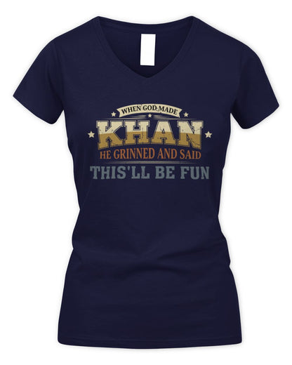 When God Made Your Name Funny Heritage T-Shirt KHAN M1-80 / Women's V-Neck T-Shirt / navy