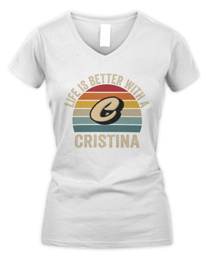 Life Is Better with Name Vintage Sun Shirt CRISTINA M1-50 / Women's V-Neck T-Shirt / white