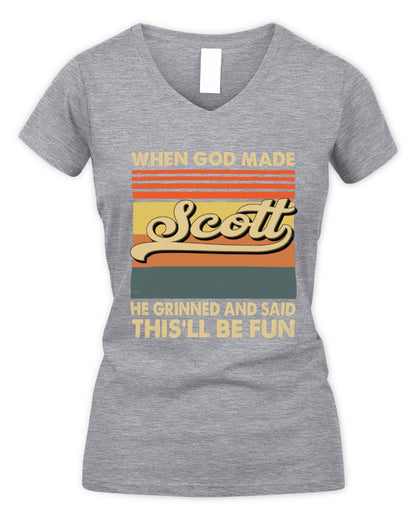 When God Made Your Name He Grinned Vintage T-Shirt SCOTT M1-55 / Women's V-Neck T-Shirt / sport grey