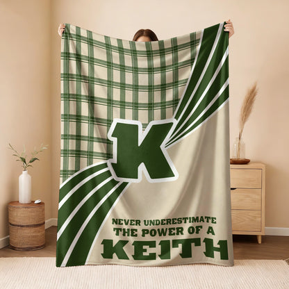 Never Underestimate Your Name Green & Cream Plaid Fleece Blanket KEITH 13K1 BK50