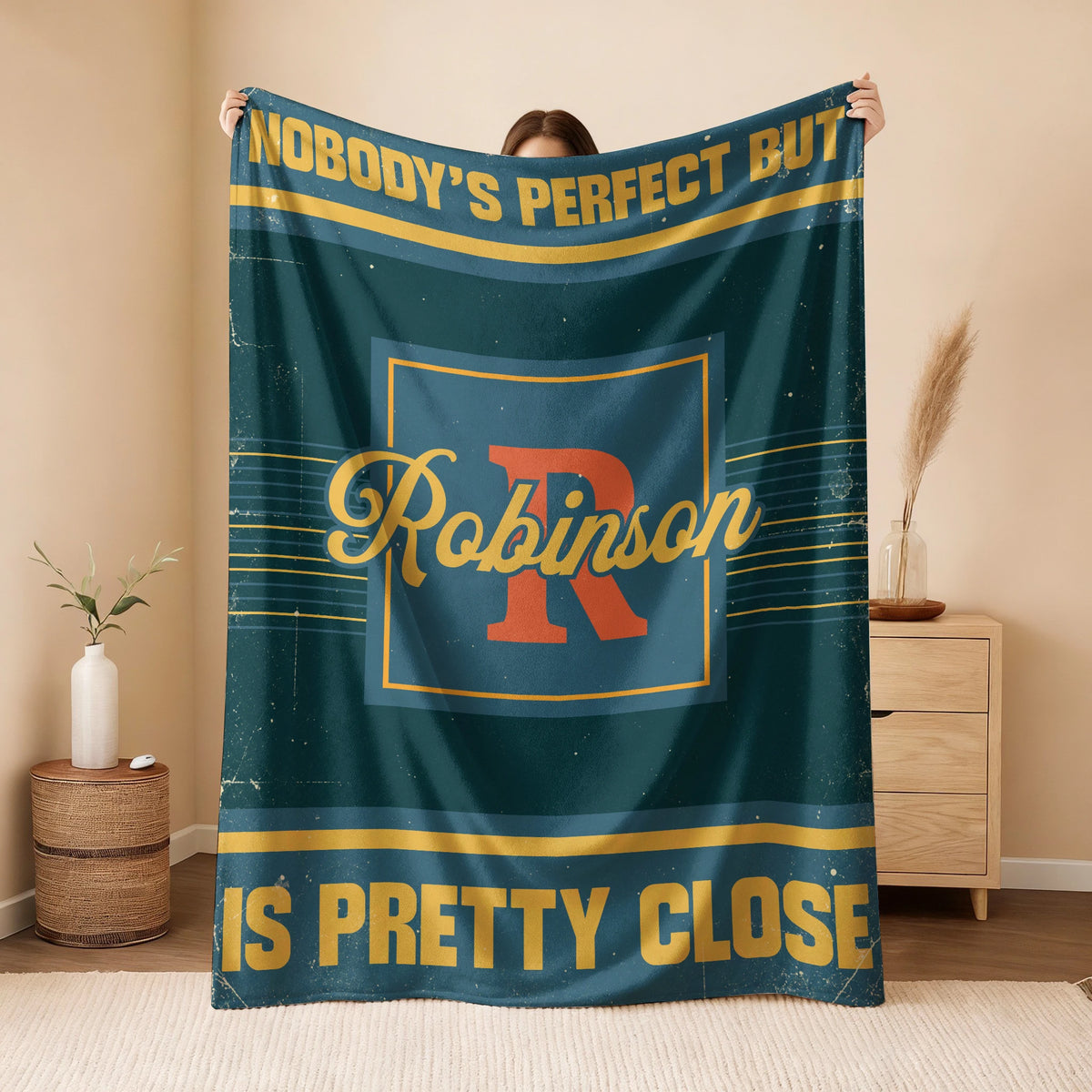 Nobody's Perfect But Your Name Is Close Vintage Blue & Brown Fleece Blanket ROBINSON 13K1 BK54