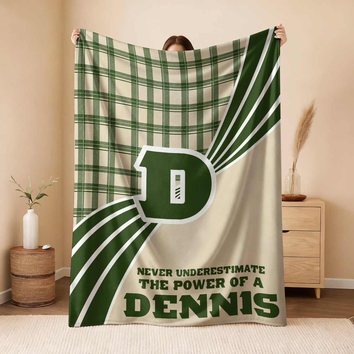Never Underestimate Your Name Green & Cream Plaid Fleece Blanket DENNIS 13K1 BK50
