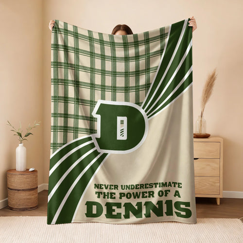 Never Underestimate Your Name Green & Cream Plaid Fleece Blanket DENNIS 13K1 BK50
