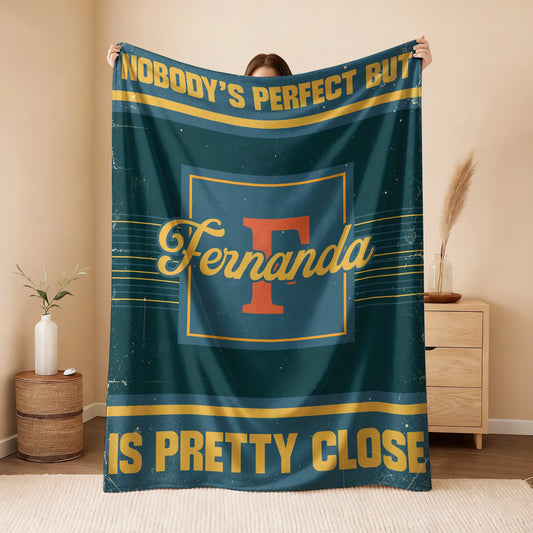 Nobody's Perfect But Your Name Is Close Vintage Blue & Brown Fleece Blanket FERNANDA 13K1 BK54