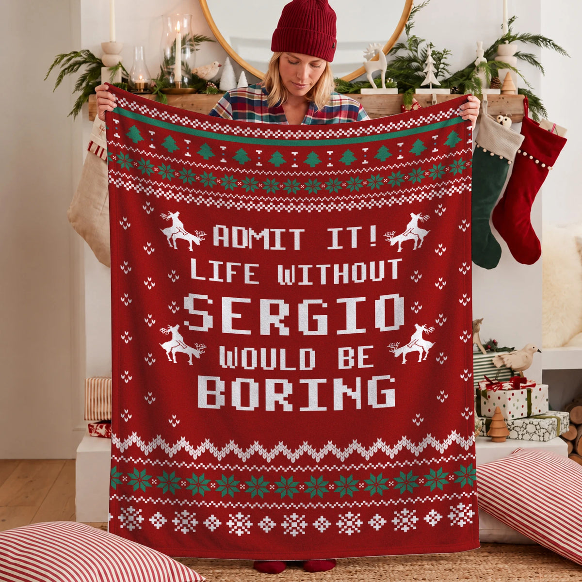 Life Without Your Name Would Be Boring Deer Red Christmas Blanket SERGIO 13K1 BK25