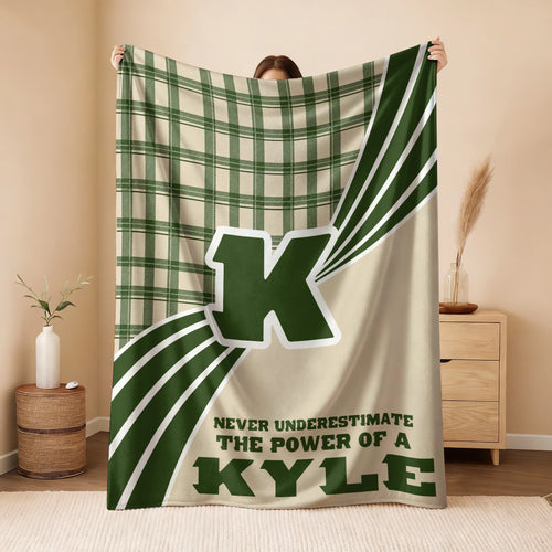Never Underestimate Your Name Green & Cream Plaid Fleece Blanket KYLE 13K1 BK50