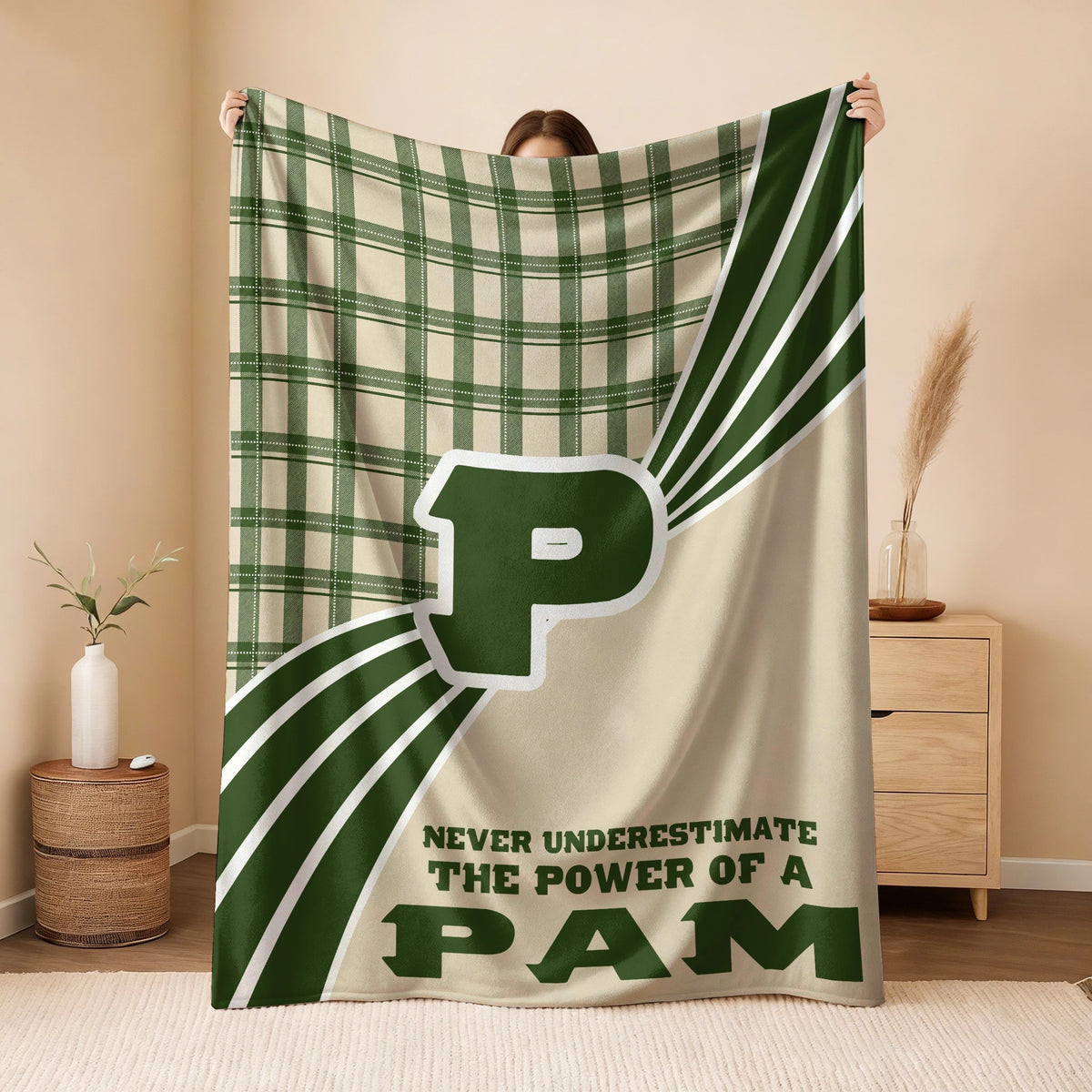 Never Underestimate Your Name Green & Cream Plaid Fleece Blanket PAM 13K1 BK50