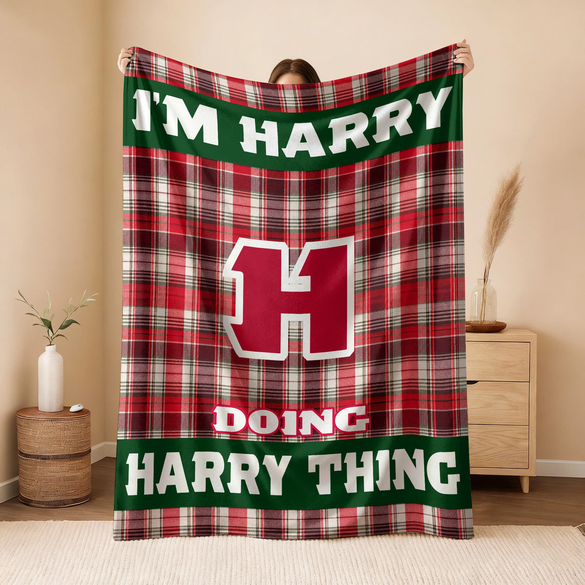 I'm Name Doing Name Things Red Plaid Fleece Blanket HARRY 13K1 BK49