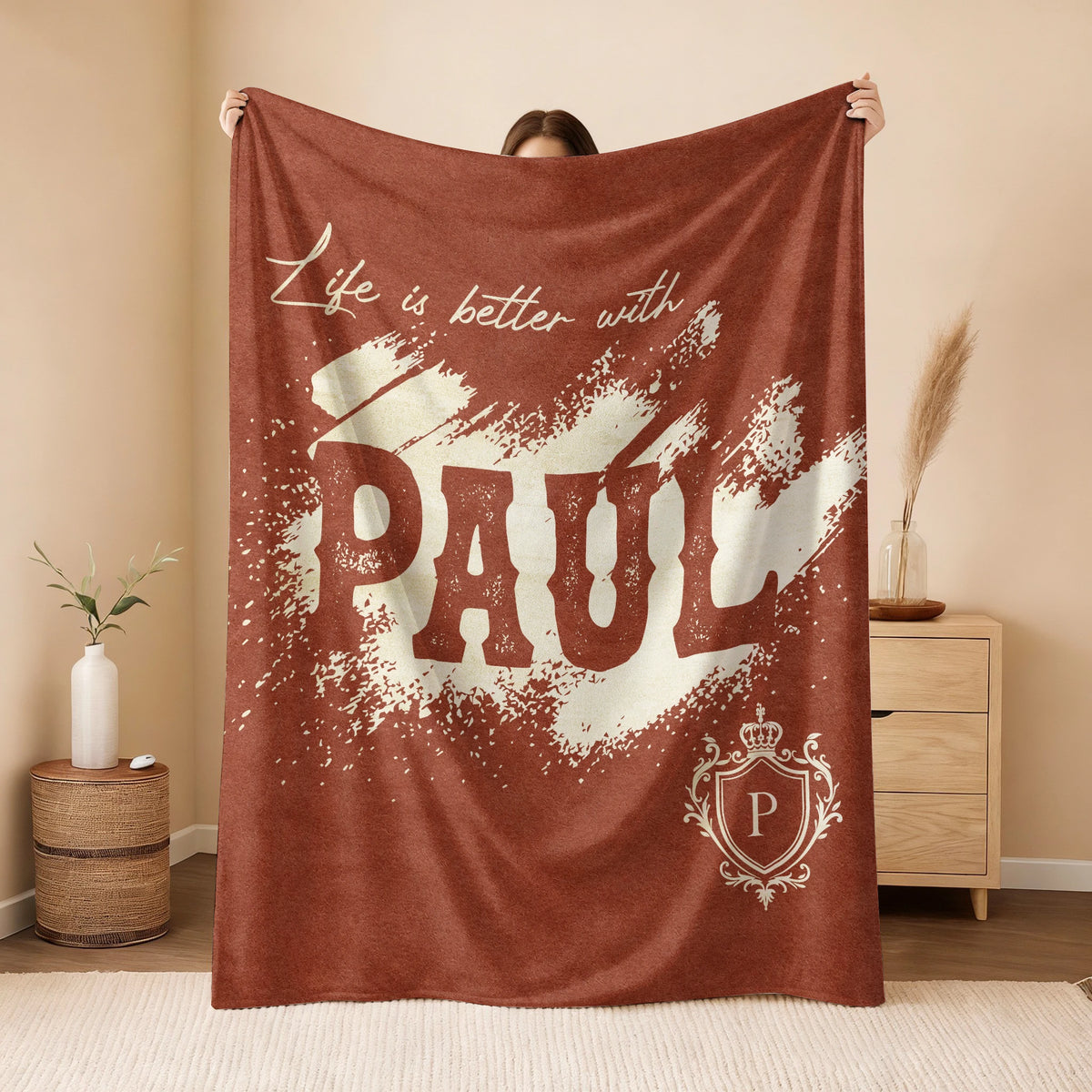 Life Is Better With Your Name Terracotta Cream Fleece Blanket PAUL 13K1 BK30