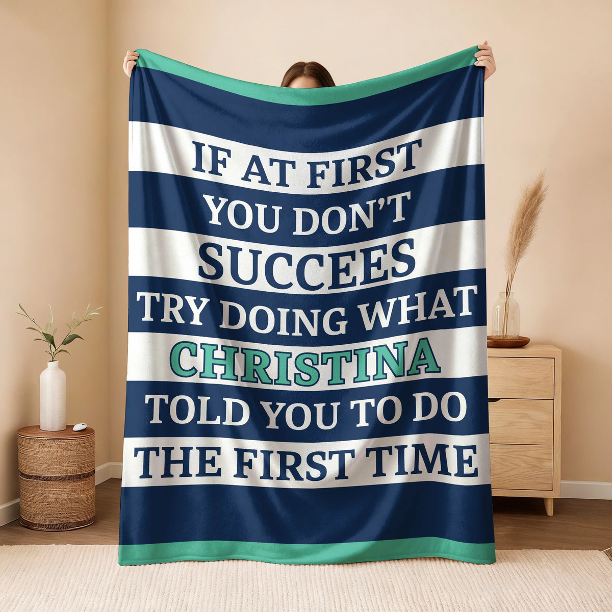 If At First You Don't Succeed Blue & White Striped Fleece Blanket CHRISTINA 13K1 BK55