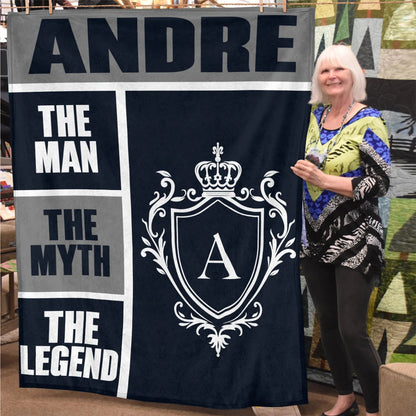 The Man The Myth The Legend Navy Gray & Gold Fleece Blanket  ANDRE 13K1 BK09