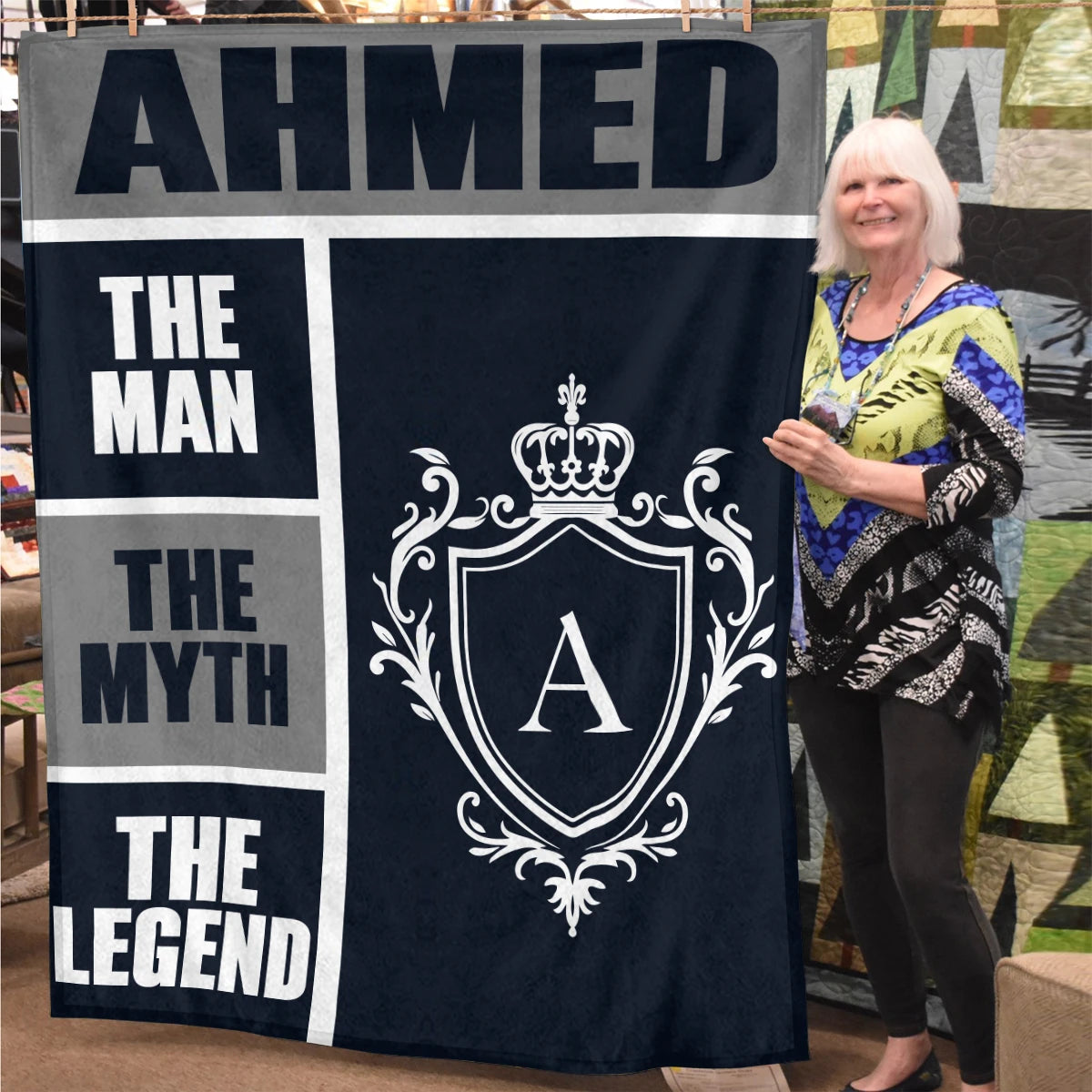 The Man The Myth The Legend Navy Gray & Gold Fleece Blanket  AHMED 13K1 BK09