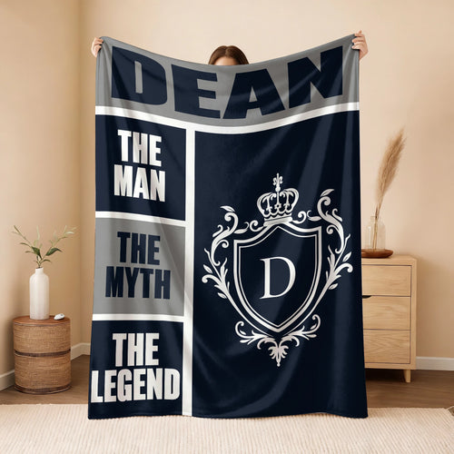 The Man The Myth The Legend Navy Gray & Gold Fleece Blanket  DEAN 13K1 BK09