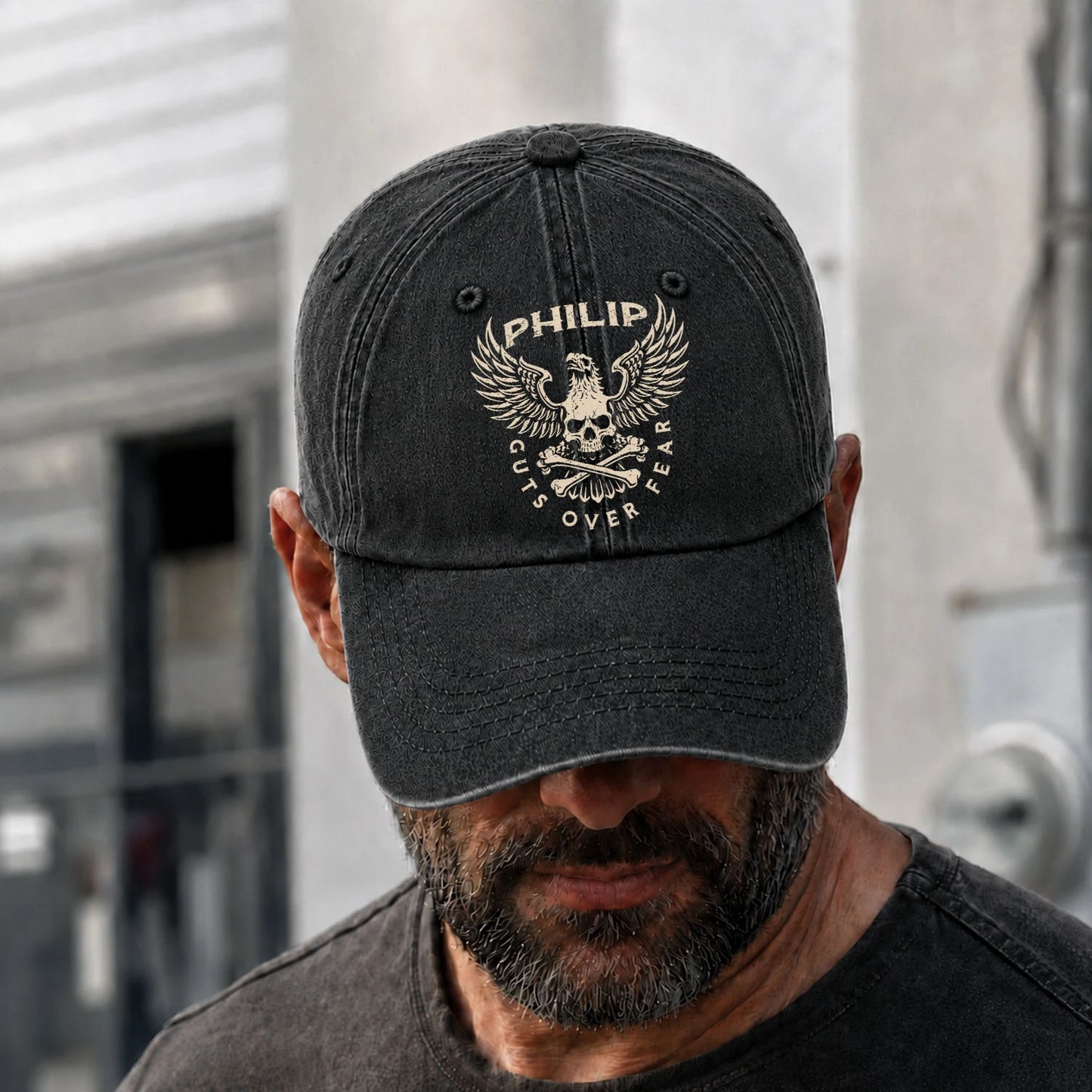 Your Name Guts Over Fear With Eagle And Skull Washed Cap PHILIP 13K1 C75PF