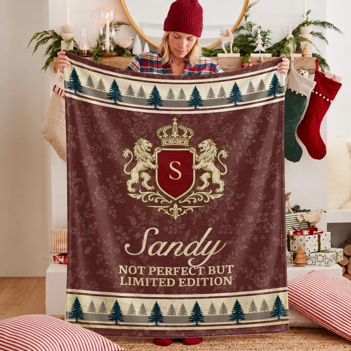 Not Perfect But Limited Edition Burgundy Pine Tree Fleece Blanket SANDY 13K1 BK41