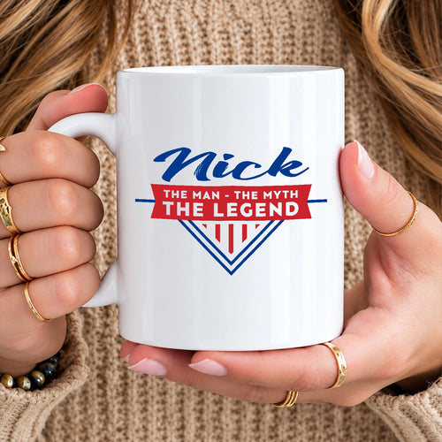The Man The Myth The Legend Red And Blue Logo Mug NICK 13K1 MG34