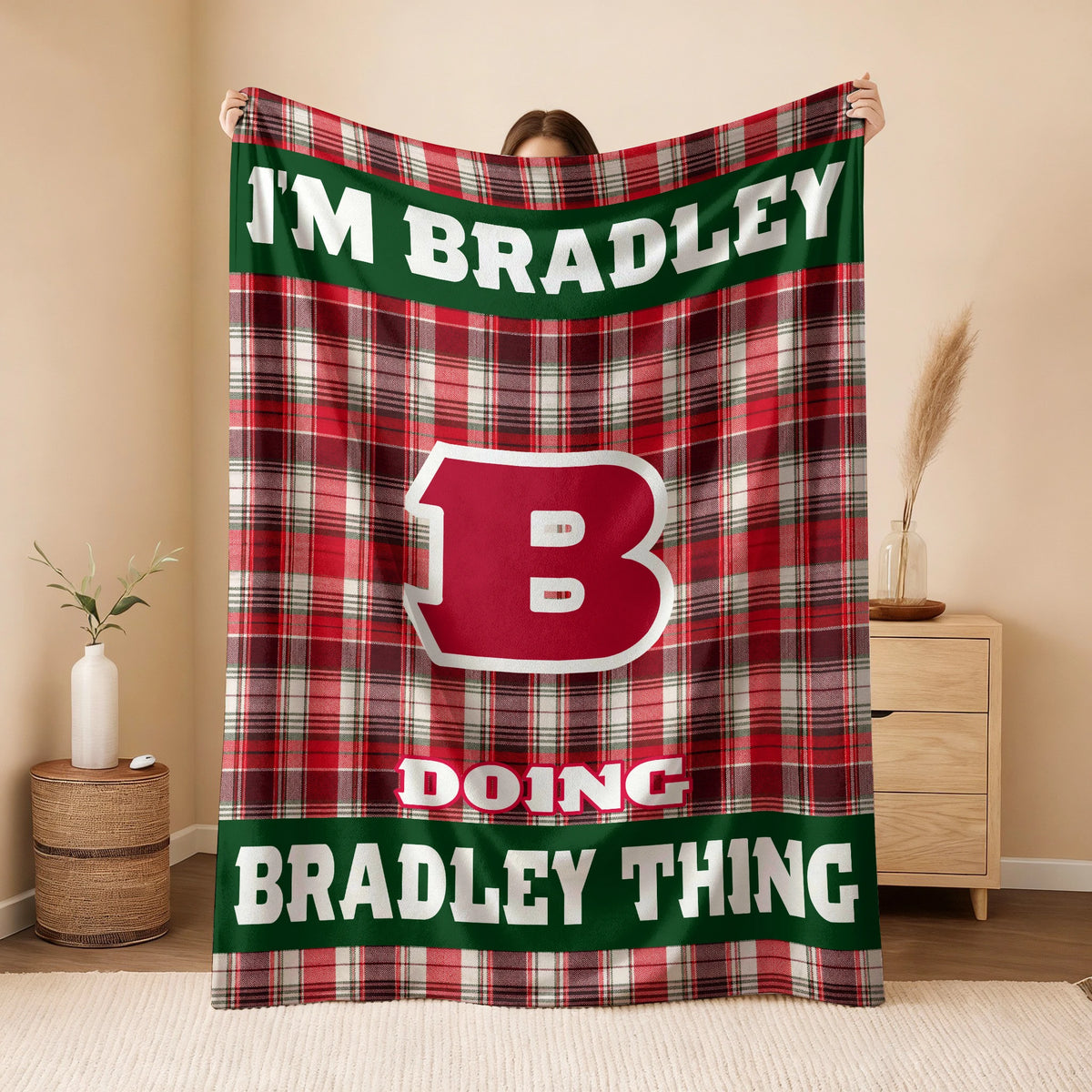 I'm Name Doing Name Things Red Plaid Fleece Blanket BRADLEY 13K1 BK49