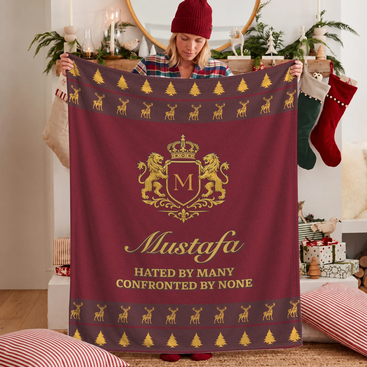 Hated By Many Confronted By None Burgundy Gold Christmas Fleece Blanket MUSTAFA 13K1 BK33