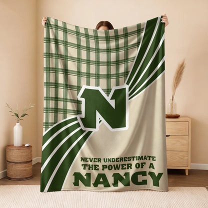Never Underestimate Your Name Green & Cream Plaid Fleece Blanket NANCY 13K1 BK50