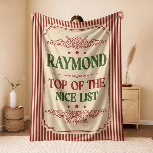 Your Name Nice List Red Striped Christmas Fleece Blanket RAYMOND 13K1 BK60