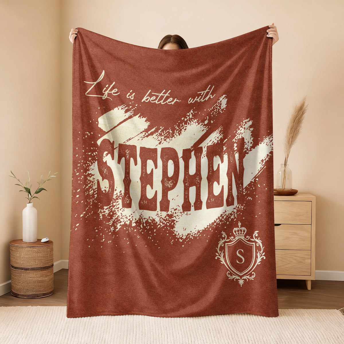 Life Is Better With Your Name Terracotta Cream Fleece Blanket STEPHEN 13K1 BK30