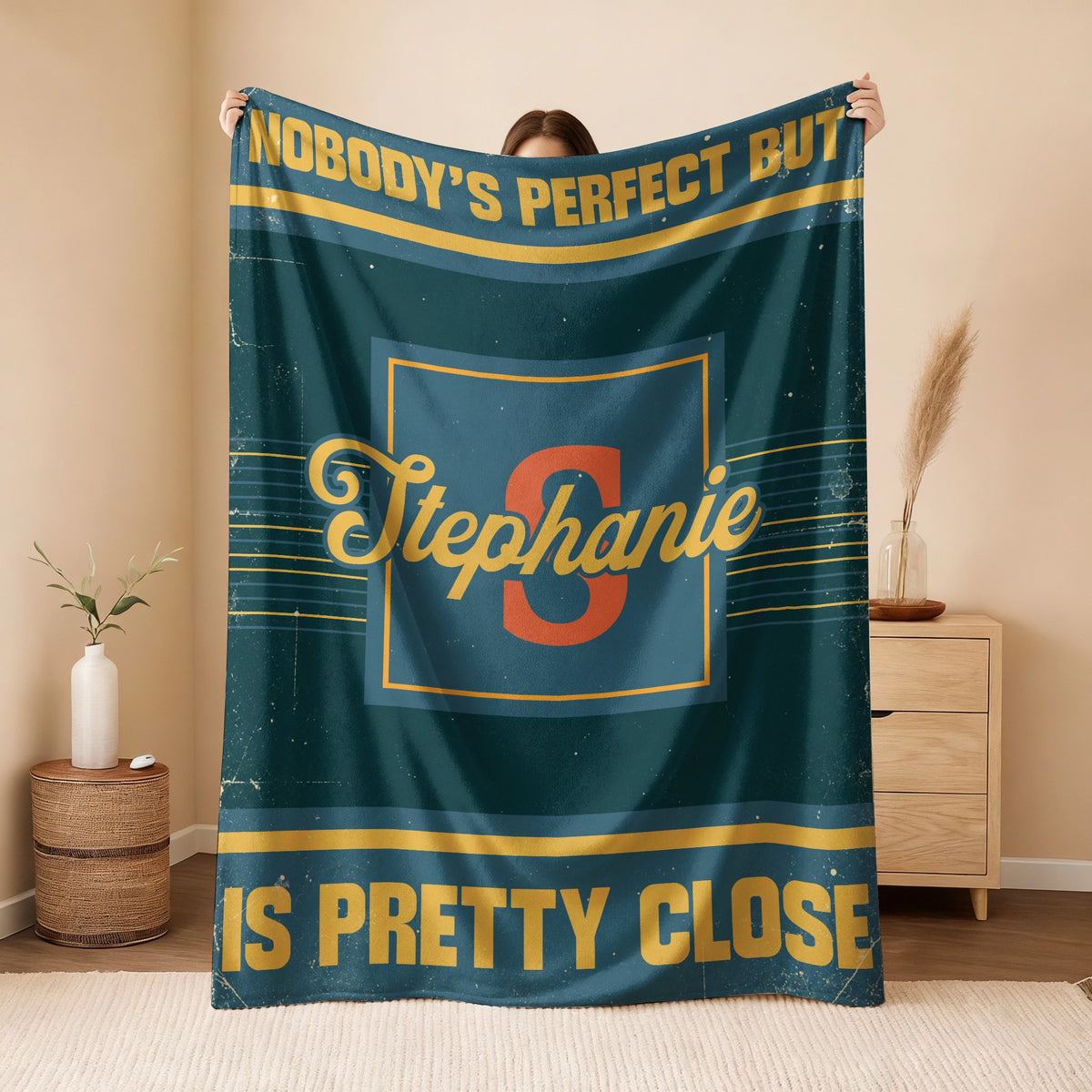 Nobody's Perfect But Your Name Is Close Vintage Blue & Brown Fleece Blanket STEPHANIE 13K1 BK54