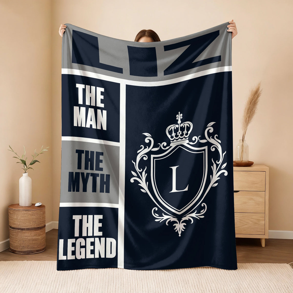 The Man The Myth The Legend Navy Gray & Gold Fleece Blanket  LIZ 13K1 BK09