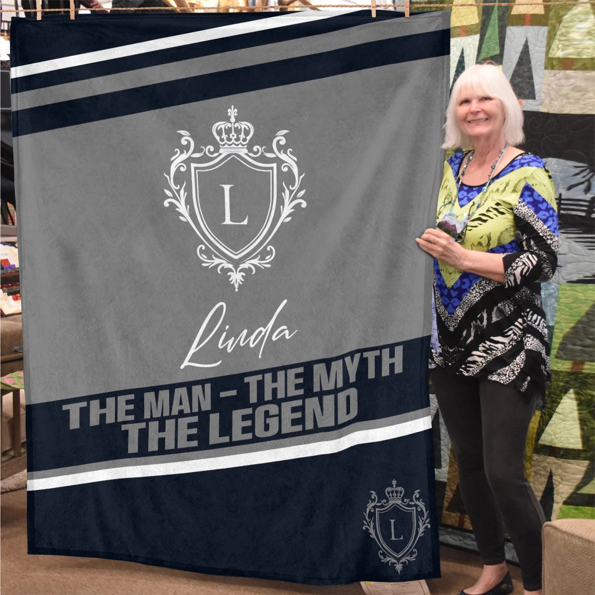 The Man The Myth The Legend Navy Gray Fleece Blanket LINDA 13K1 BK13
