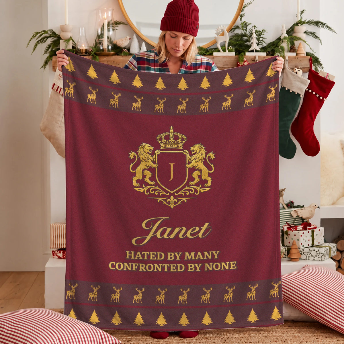 Hated By Many Confronted By None Burgundy Gold Christmas Fleece Blanket JANET 13K1 BK33