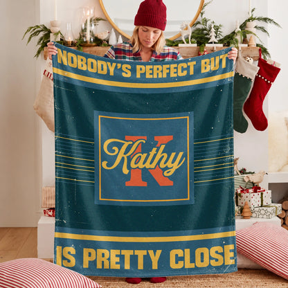 Nobody's Perfect But Your Name Is Close Vintage Blue & Brown Fleece Blanket KATHY 13K1 BK54