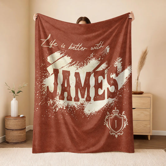 Life Is Better With Your Name Terracotta Cream Fleece Blanket JAMES 13K1 BK30