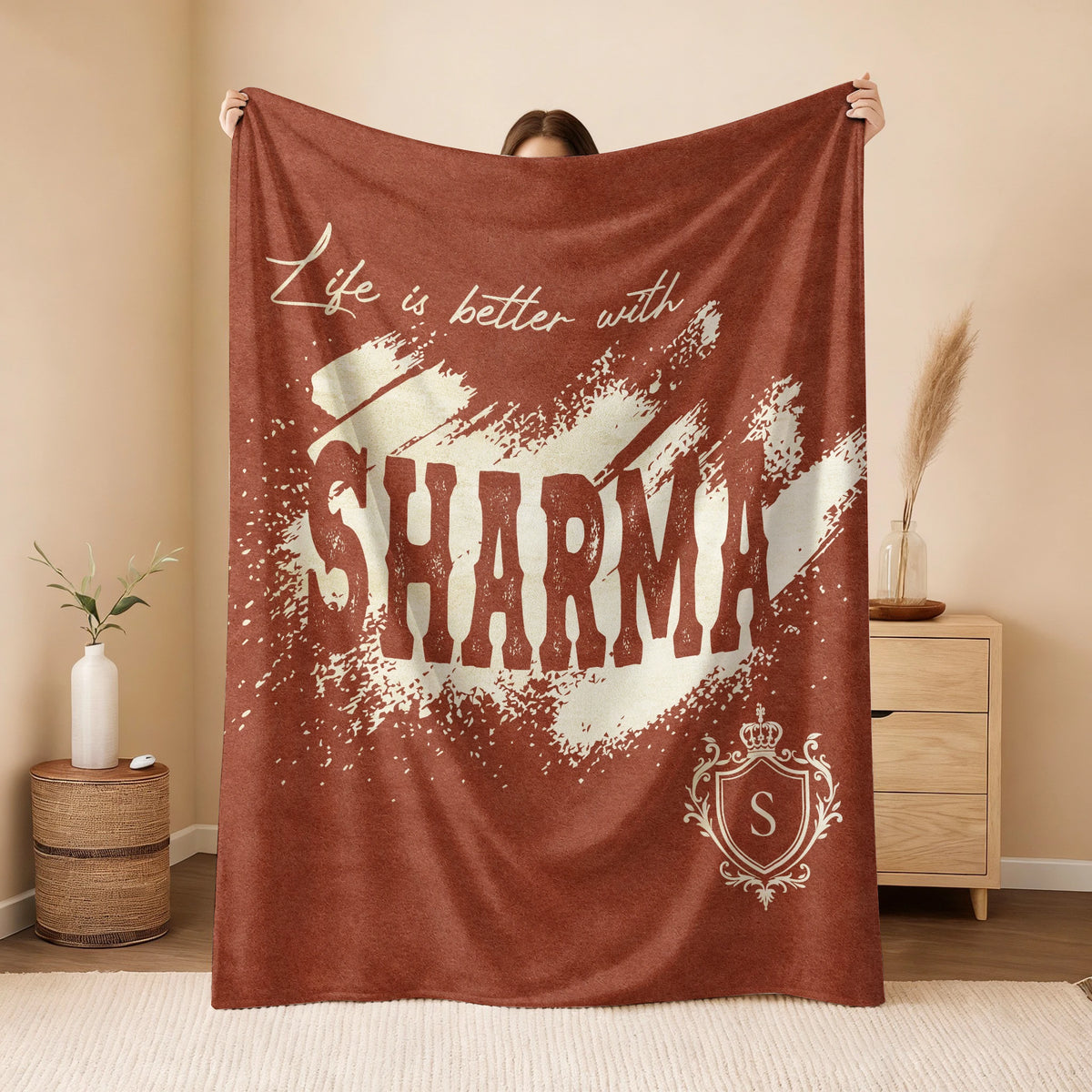 Life Is Better With Your Name Terracotta Cream Fleece Blanket SHARMA 13K1 BK30